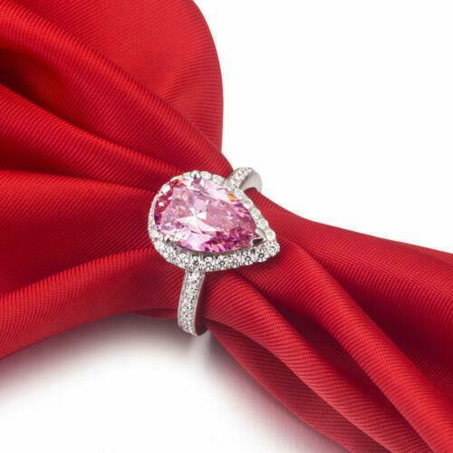 2.91Ct Pear Cut Pink Sapphire Diamond 14K White Gold Over Anniversary Halo Ring 925 Sterling Silver