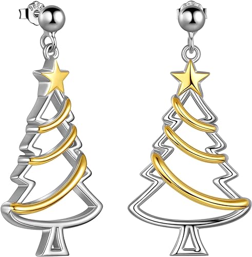 On 925 Sterling Silver 14K White & Yellow Gold Over Star Tree Dangle Earrings Marry Christmas Gifts for Women