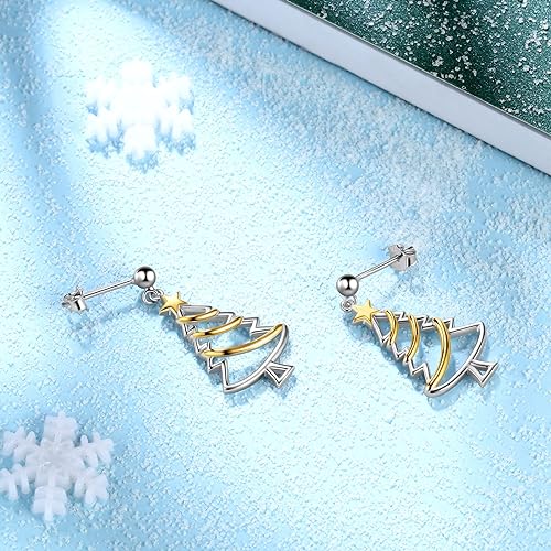 On 925 Sterling Silver 14K White & Yellow Gold Over Star Tree Dangle Earrings Marry Christmas Gifts for Women