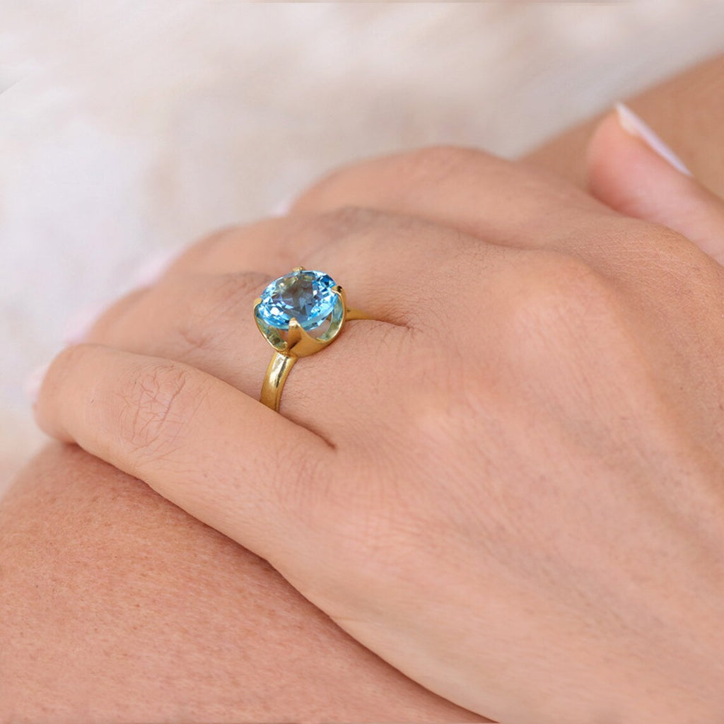 2 Ct Blue Topaz Diamond 14k Gold Yellow Finish Engagement Solitaire Ring 925 Sterling Silver
