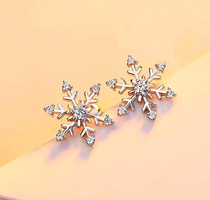 2 Ct Round Cut Diamond 14K White Gold Finish Christmas Crystal Snowflake Stud Earrings 925 Sterling Silver Womens