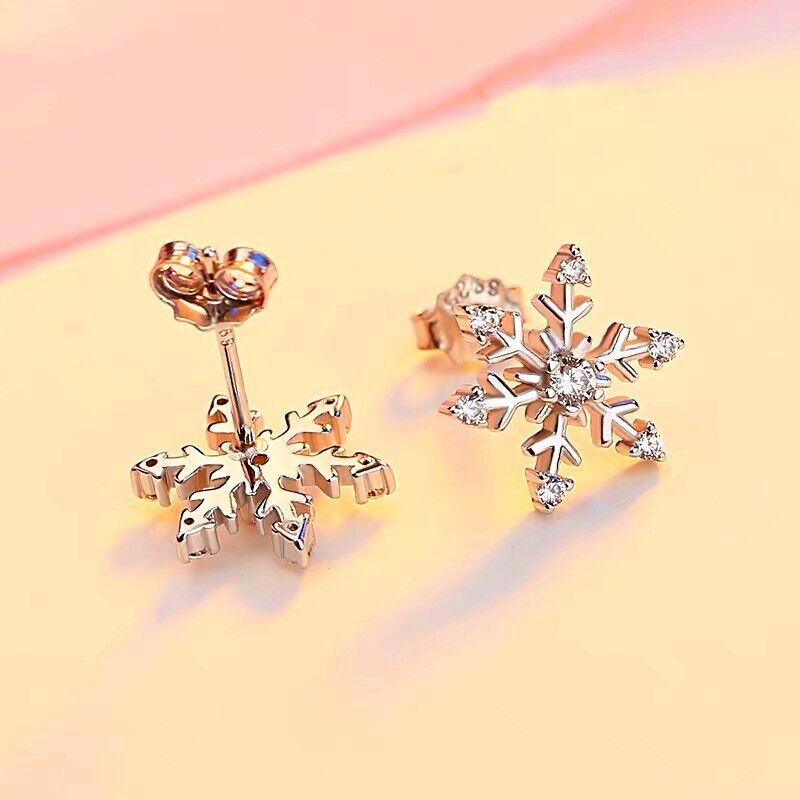2 Ct Round Cut Diamond 14K White Gold Finish Christmas Crystal Snowflake Stud Earrings 925 Sterling Silver Womens