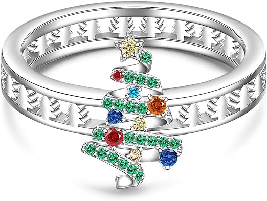 1 Ct  Round Cut Multi Colour Diamond 14K White Gold Over 925 Sterling Silver Tree Merry Christmas Ring for Women Gifts