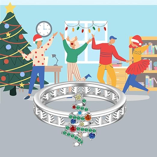 1 Ct  Round Cut Multi Colour Diamond 14K White Gold Over 925 Sterling Silver Tree Merry Christmas Ring for Women Gifts