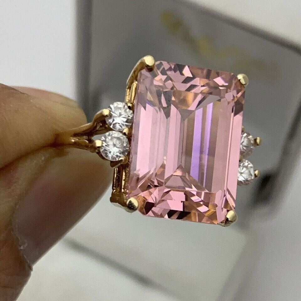 2Ct Emerald Cut Pink Sapphire Diamond 14K Yellow Gold Plated Engagement Ring On 925 Sterling Silver