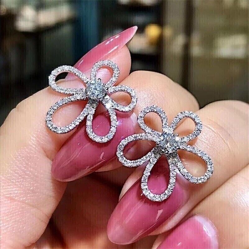 2Ct Round Cut White Diamond 14K White Gold Plated Flower Stud Earrings 925 Sterling Silver
