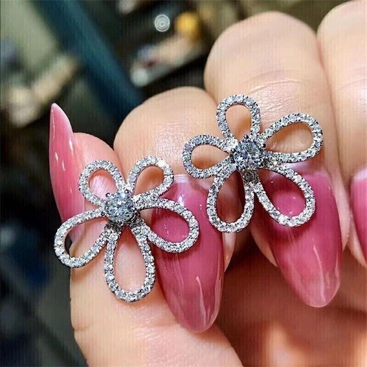 2Ct Round Cut White Diamond 14K White Gold Plated Flower Stud Earrings 925 Sterling Silver