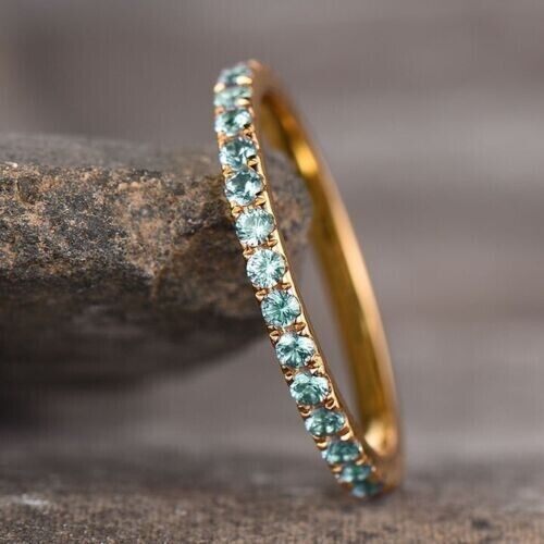 2.00 Ct Round Cut Blue Aquamarine Diamond 14k Yellow Gold Plated Wedding Promise Band Ring 925 Sterling Silver
