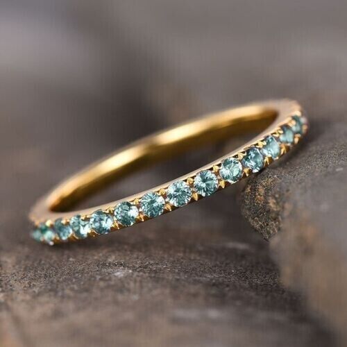 2.00 Ct Round Cut Blue Aquamarine Diamond 14k Yellow Gold Plated Wedding Promise Band Ring 925 Sterling Silver