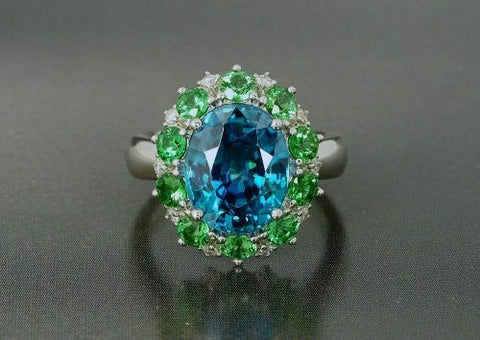 1 Ct Oval & Round Cut Blue Sapphire & Green Peridot Diamond 14K White Gold Finish Engagement Wedding Ring 925 Sterling Silver