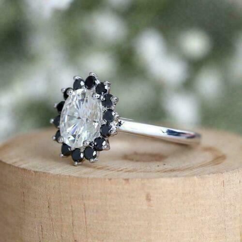 1 Ct Oval Cut Black Diamond 14K White Gold Over Promise Halo Ring Finish On 925 Sterling Silver