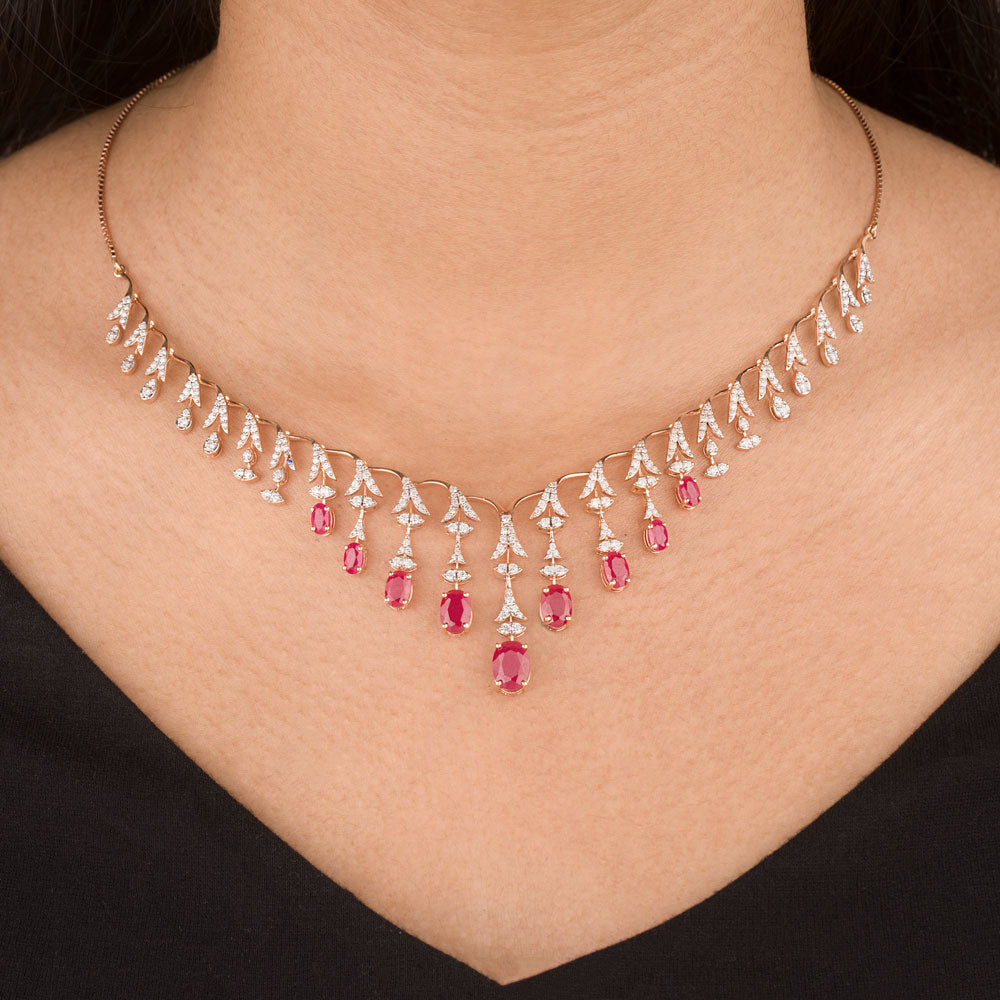 18K Rose Gold Diamond Necklace - 1.99ct SI-GH with Colour Stones