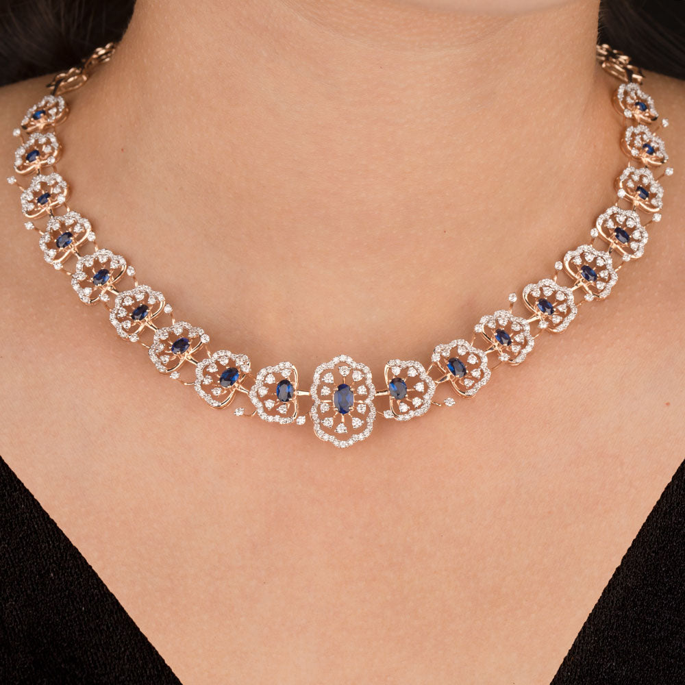 14K Rose Gold Diamond Necklace - 4.56ct VVS-VS-GH with Colour Stones