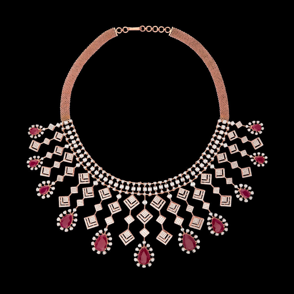 18K Rose Gold Diamond Necklace - 8.607ct VVS-VS-GH with Colour Stones