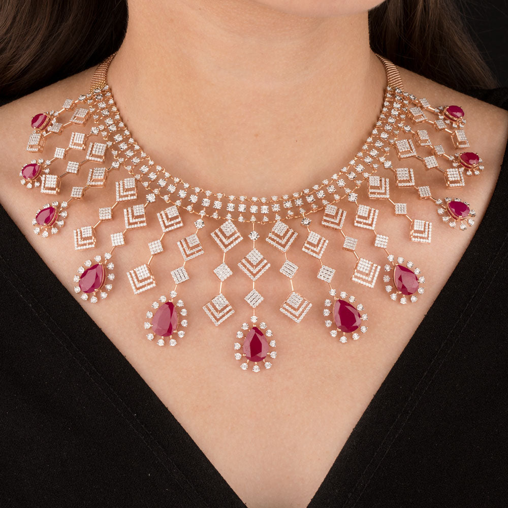 18K Rose Gold Diamond Necklace - 8.607ct VVS-VS-GH with Colour Stones