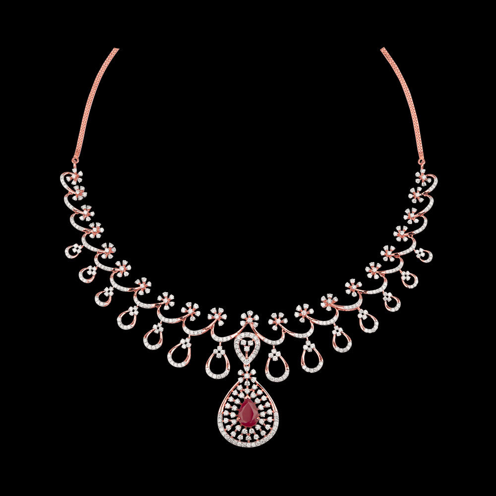 18K Rose Gold Diamond Necklace - 5.198ct VVS-VS-GH with Colour Stones
