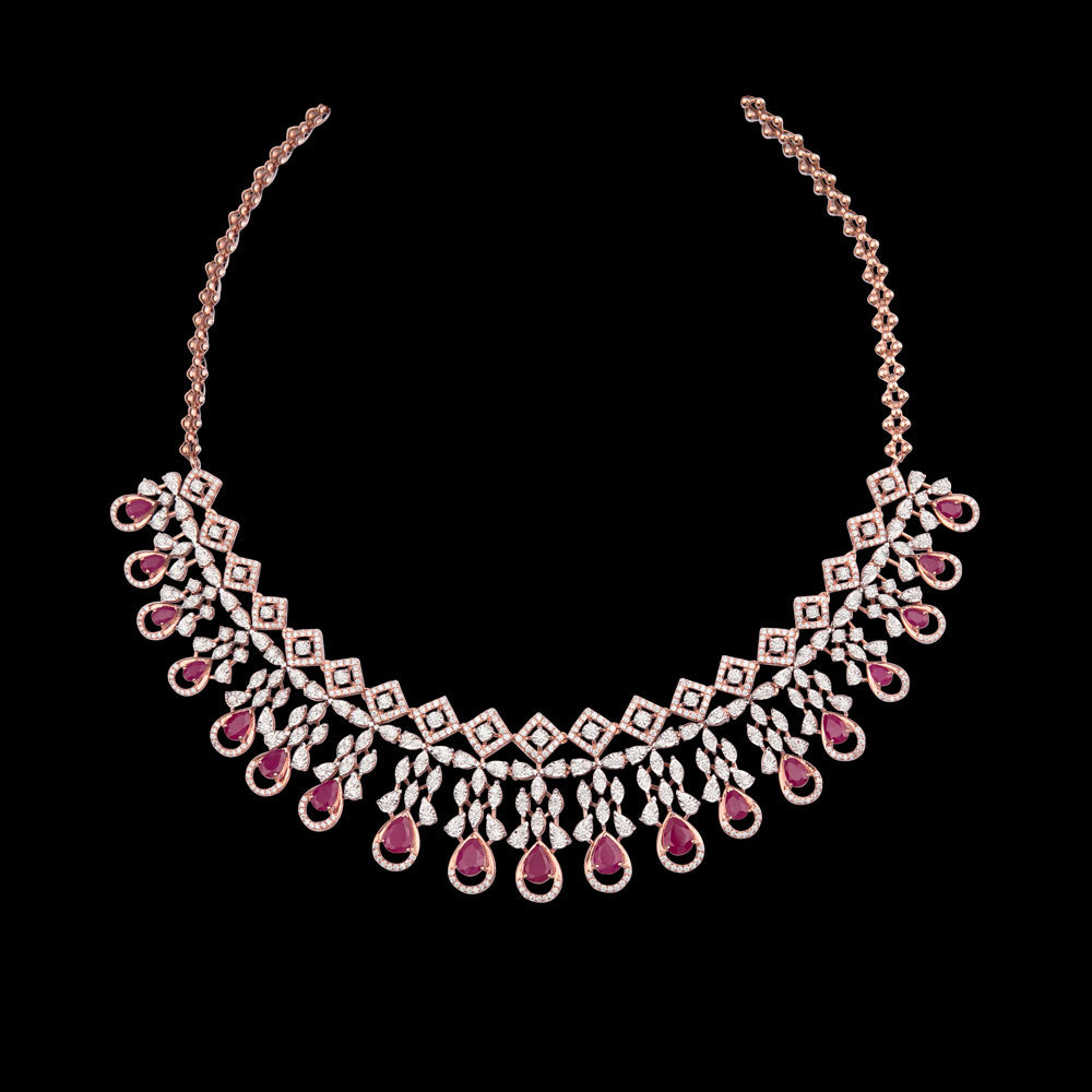 14K Rose Gold Diamond Necklace - 5.37ct VS-SI-FG with Colour Stones