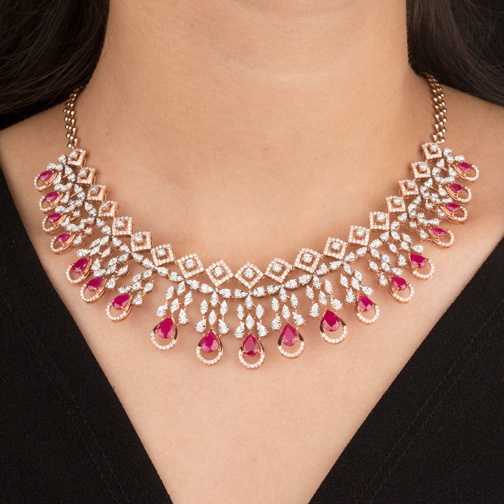 14K Rose Gold Diamond Necklace - 5.37ct VS-SI-FG with Colour Stones