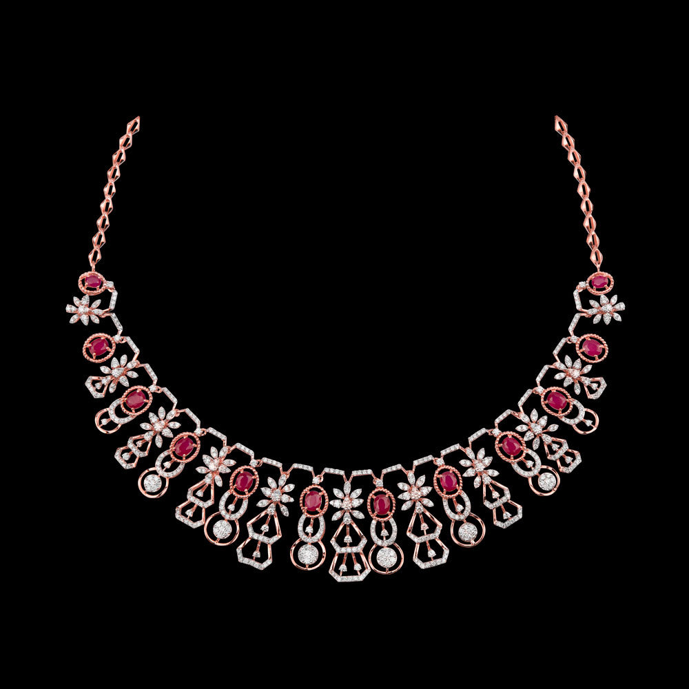 18K Rose Gold Diamond Necklace - 4.537ct VVS-VS-GH with Colour Stones