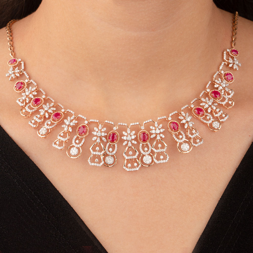 18K Rose Gold Diamond Necklace - 4.537ct VVS-VS-GH with Colour Stones