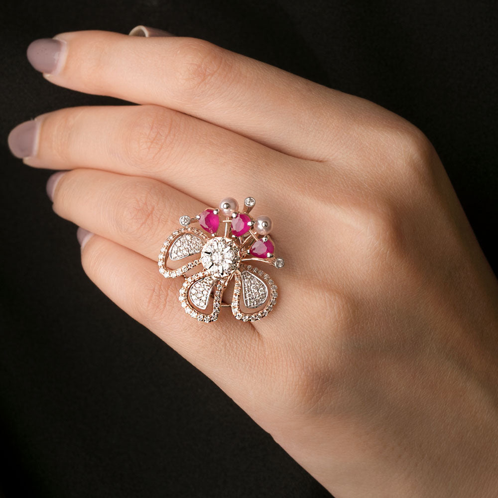 14K Rose Gold Diamond Ring - 1.21ct VVS-VS-HI with Colour Stones