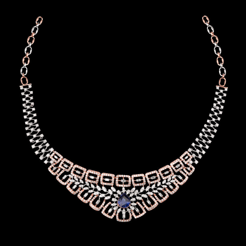 18K Rose Gold Diamond Necklace - 7.92ct VVS-VS-GH with Colour Stones