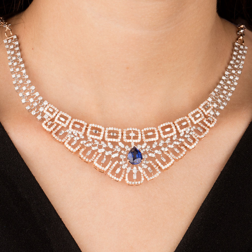 18K Rose Gold Diamond Necklace - 7.92ct VVS-VS-GH with Colour Stones