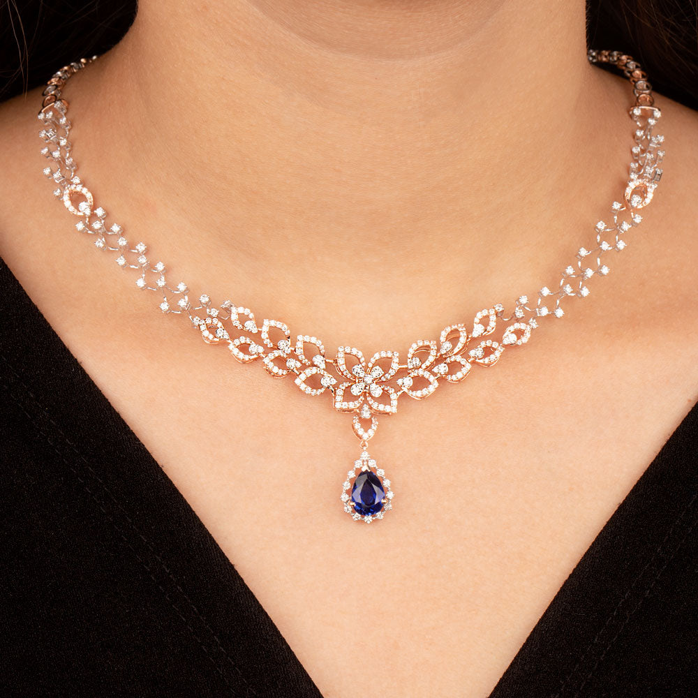 14K Rose Gold Diamond Necklace - 3.508ct VVS-VS-GH with Colour Stones