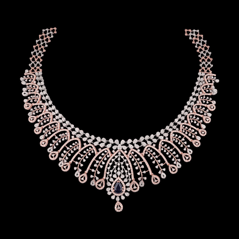 14K Rose Gold Diamond Necklace - 12.32ct VVS-VS-GH with Colour Stones
