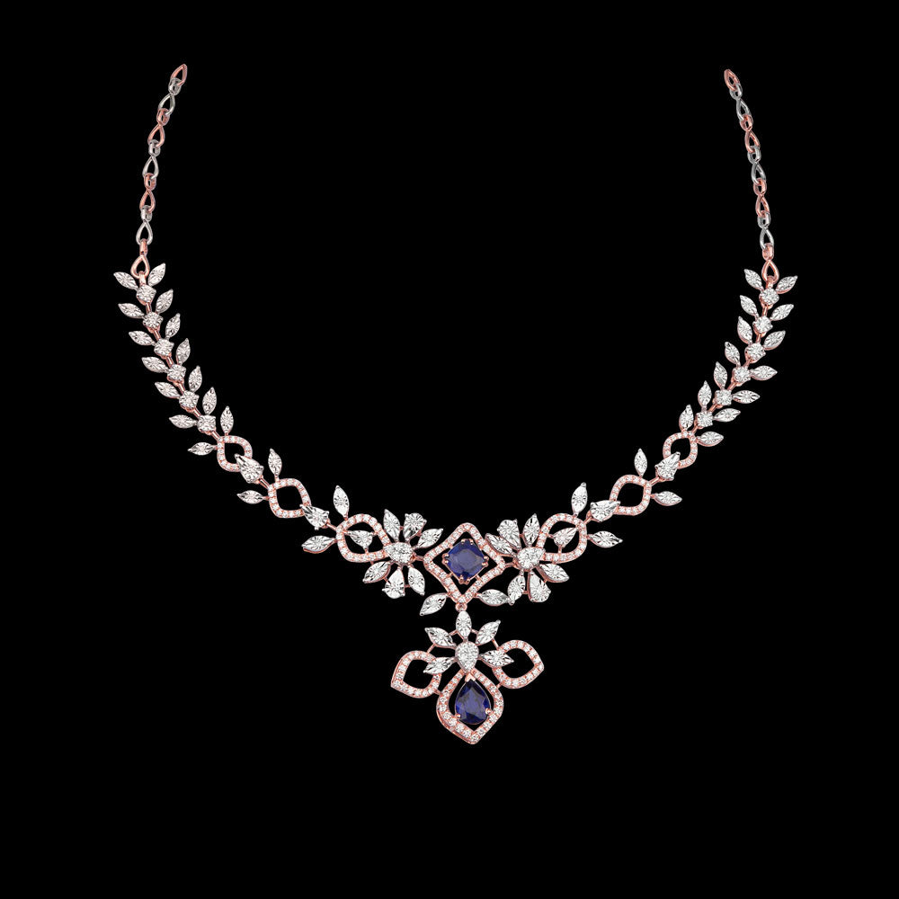 14K Rose Gold Diamond Necklace - 2.73ct VVS-VS-GH with Colour Stones