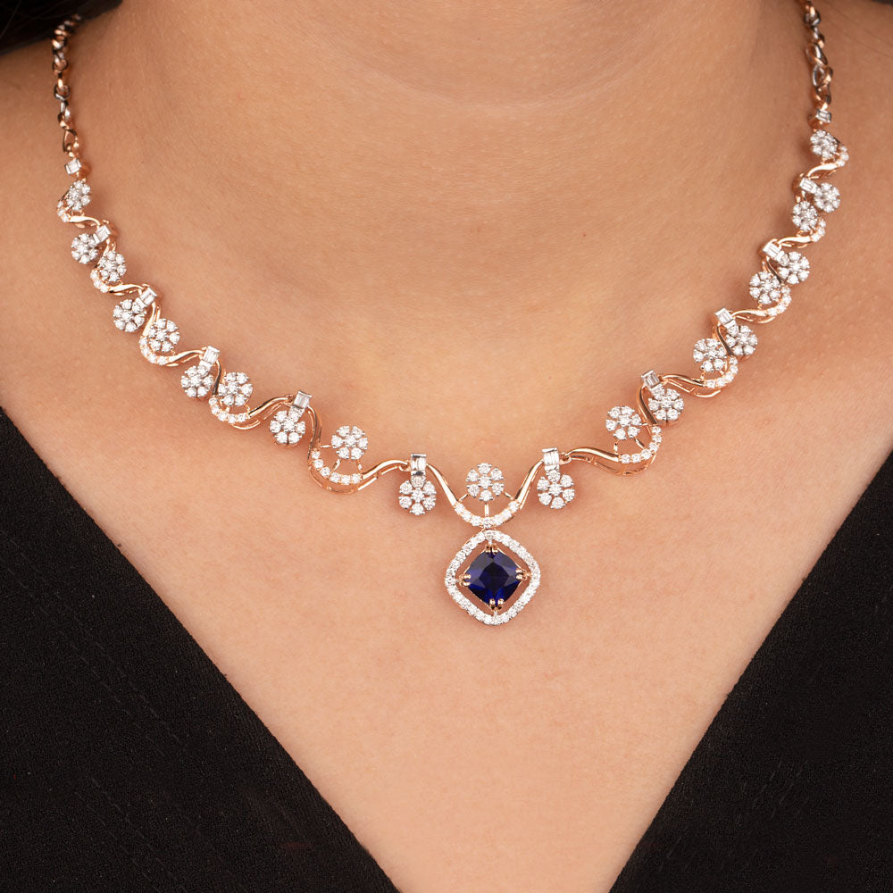 18K Rose Gold Diamond Necklace - 3.513ct VS-SI-FG with Colour Stones