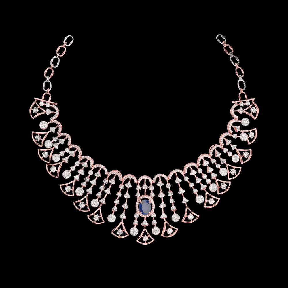 14K Rose Gold Diamond Necklace - 7.81ct VVS-VS-GH with Colour Stones