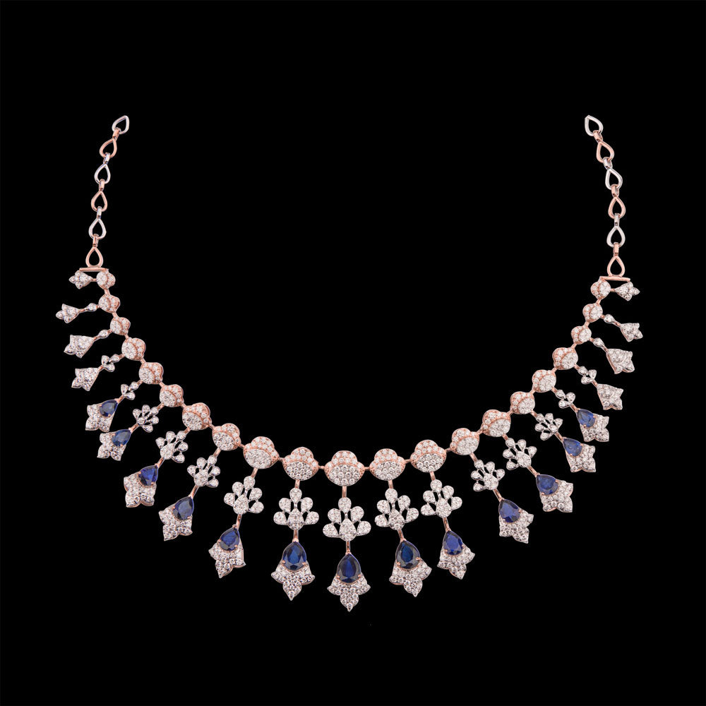18K Rose Gold Diamond Necklace - 9.08ct VVS-VS-GH with Colour Stones