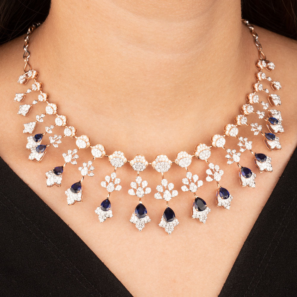 18K Rose Gold Diamond Necklace - 9.08ct VVS-VS-GH with Colour Stones