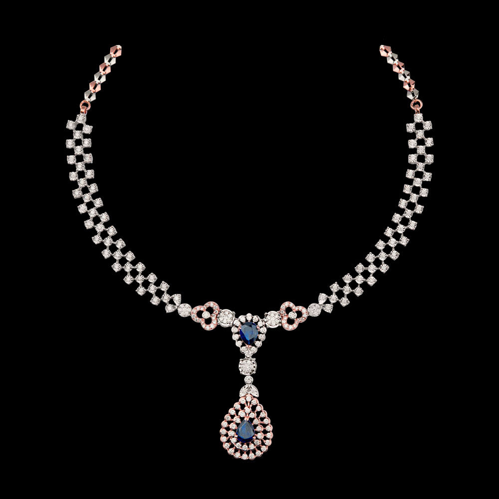 14K Rose Gold Diamond Necklace - 4.04ct VVS-VS-GH with Colour Stones