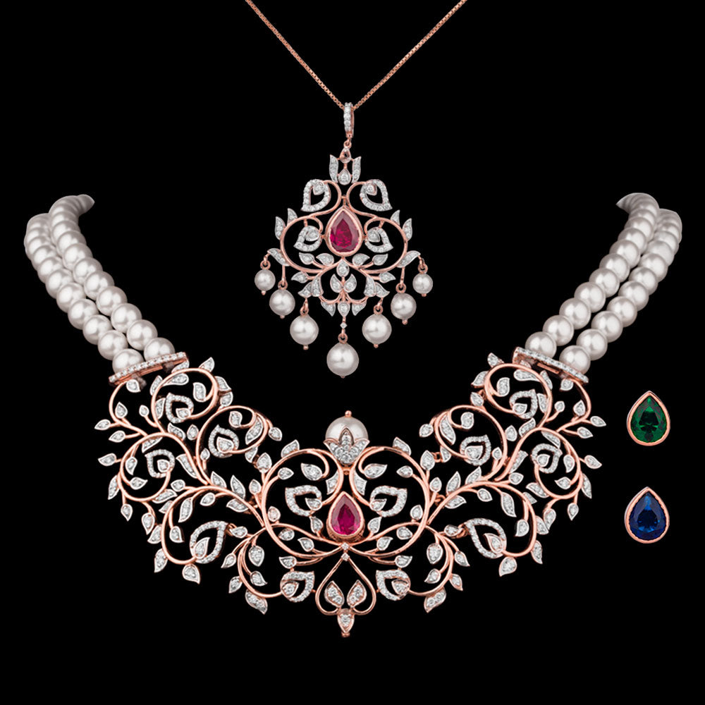 14K Rose Gold Diamond Necklace - 3.6ct VVS-VS-GH with Colour Stones