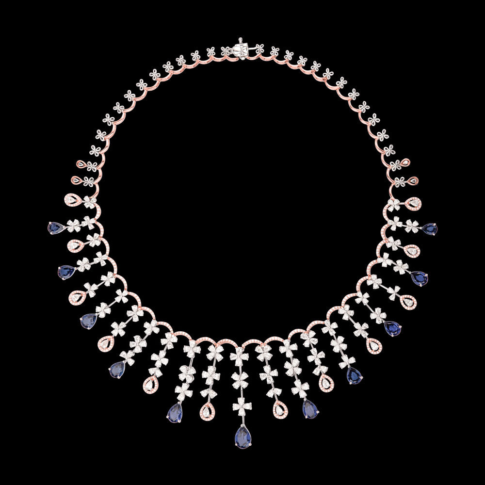 18K Rose Gold Diamond Necklace - 16.86ct VVS-VS-EF with Colour Stones