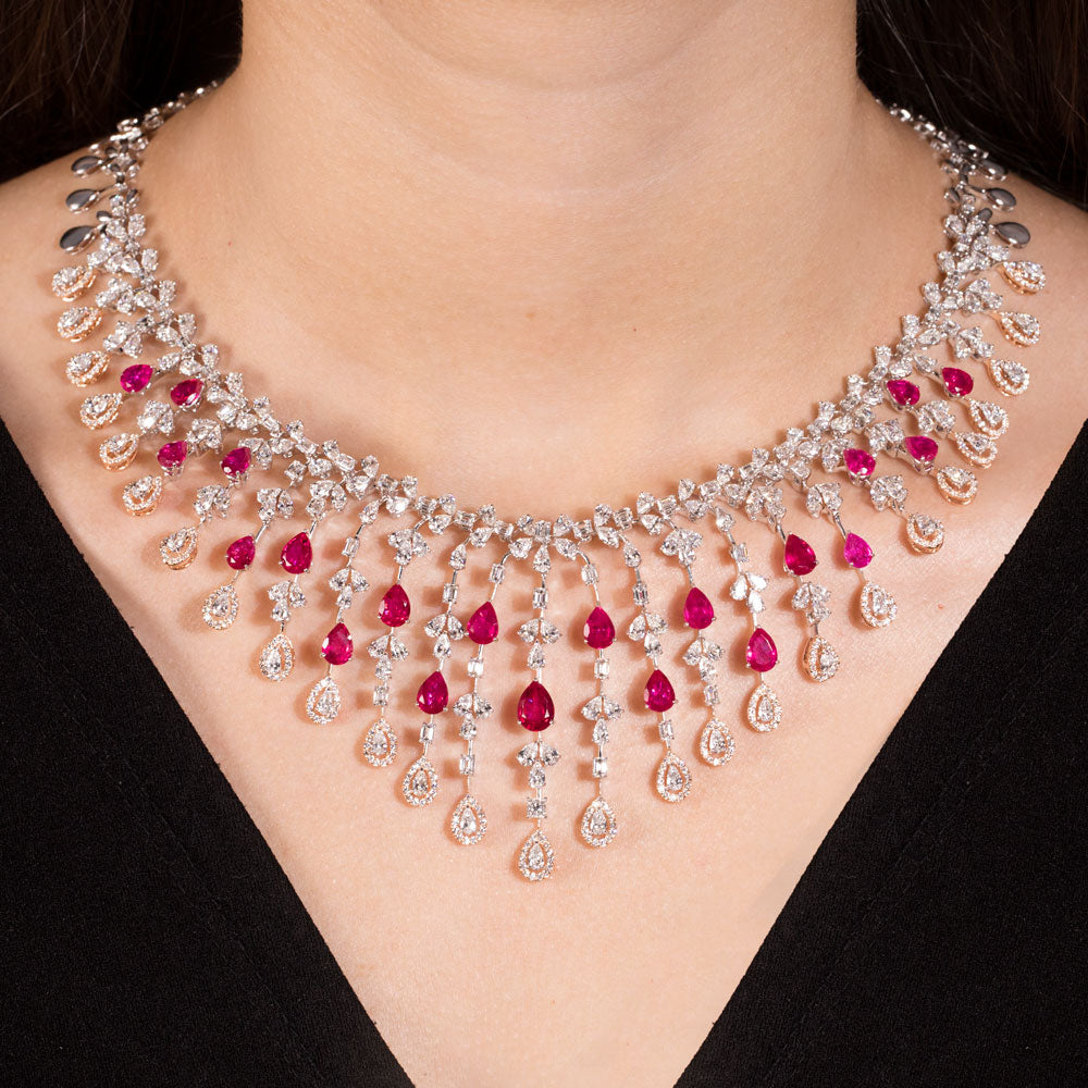 18K Rose Gold Diamond Necklace - 24.163ct VVS-VS-EF with Colour Stones