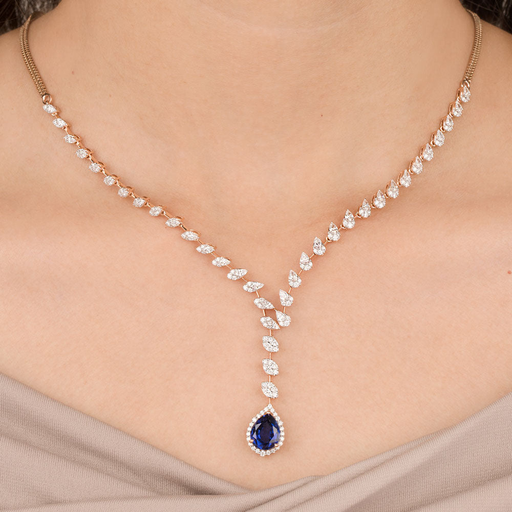 18K Rose Gold Diamond Necklace - 2.837ct VVS-EF with Colour Stones