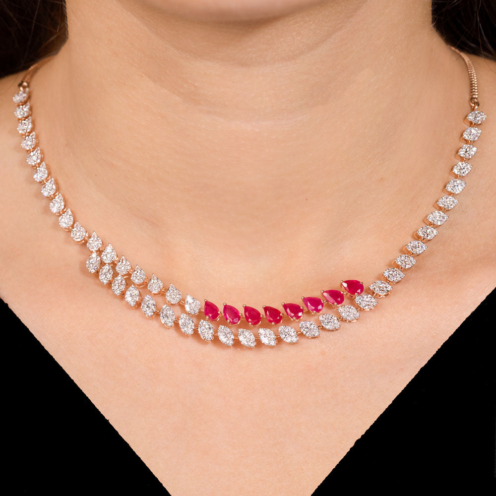 18K Rose Gold Diamond Necklace - 5.13ct VVS-EF with Colour Stones