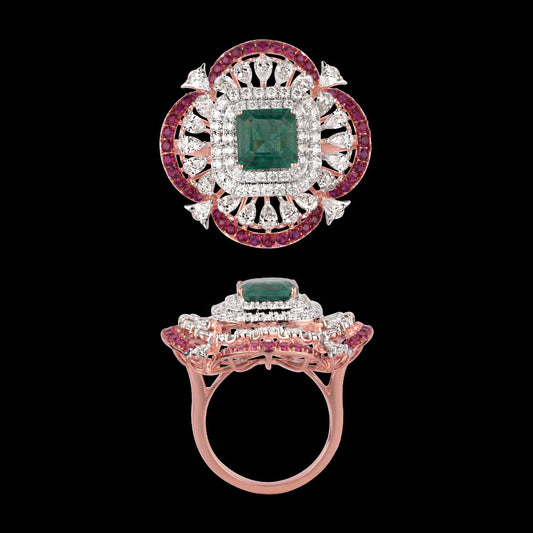 18K Rose Gold Diamond Ring - 2.444ct VVS-VS-EF with Colour Stones