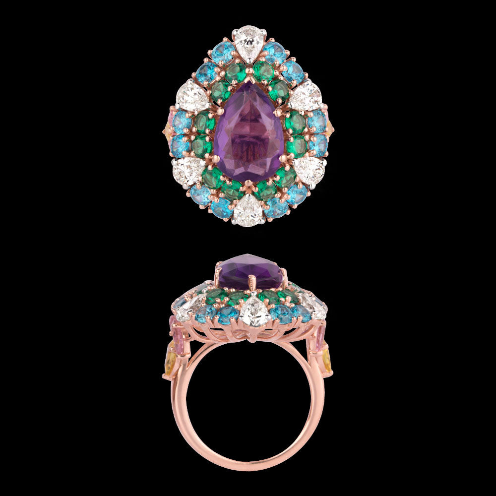 18K Rose Gold Diamond Ring - 1.78ct VVS-VS-IJ with Colour Stones
