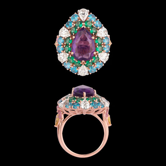 18K Rose Gold Diamond Ring - 1.78ct VVS-VS-IJ with Colour Stones