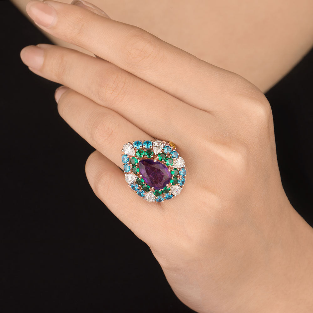 18K Rose Gold Diamond Ring - 1.78ct VVS-VS-IJ with Colour Stones