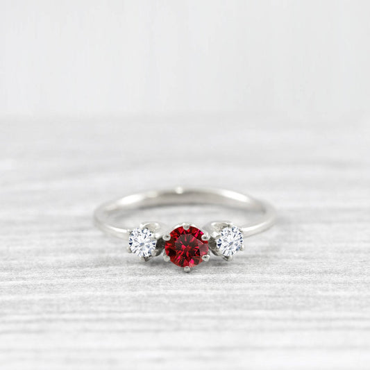 1 Ct Round Cut Red Ruby Diamond Moissanite Trilogy 14K White Gold Finish 3 Stone Promise Ring On 925 Sterling Silver