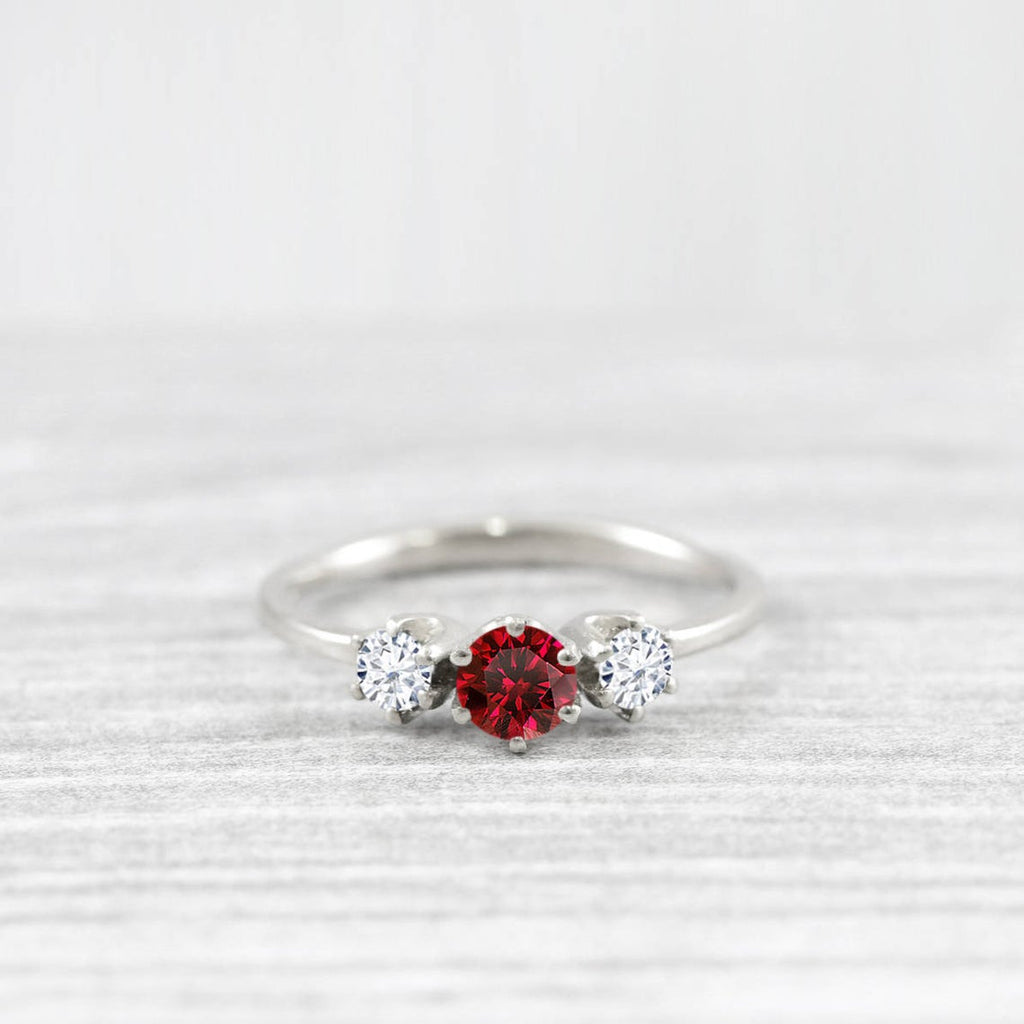 1 Ct Round Cut Red Ruby Diamond Moissanite Trilogy 14K White Gold Finish 3 Stone Promise Ring On 925 Sterling Silver