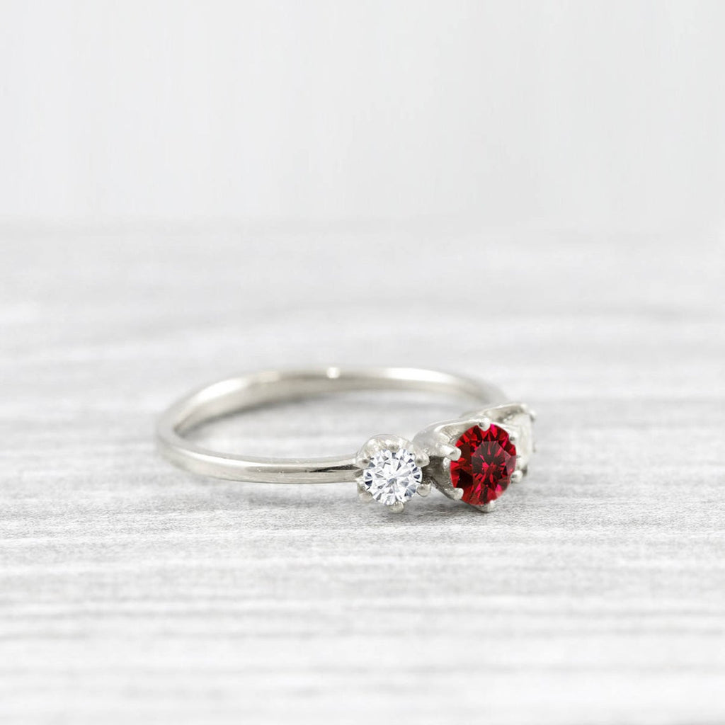 1 Ct Round Cut Red Ruby Diamond Moissanite Trilogy 14K White Gold Finish 3 Stone Promise Ring On 925 Sterling Silver