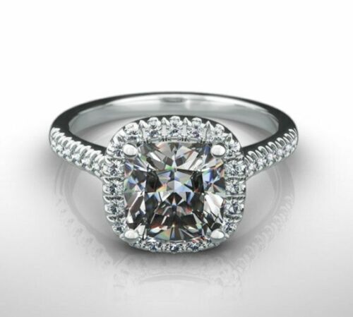 2.30 Ct Halo Cushion Cut Simulated Diamond 14K White Gold Finish Anniversary Ring On 925 Sterling Silver