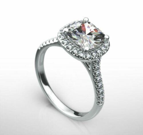 2.30 Ct Halo Cushion Cut Simulated Diamond 14K White Gold Finish Anniversary Ring On 925 Sterling Silver