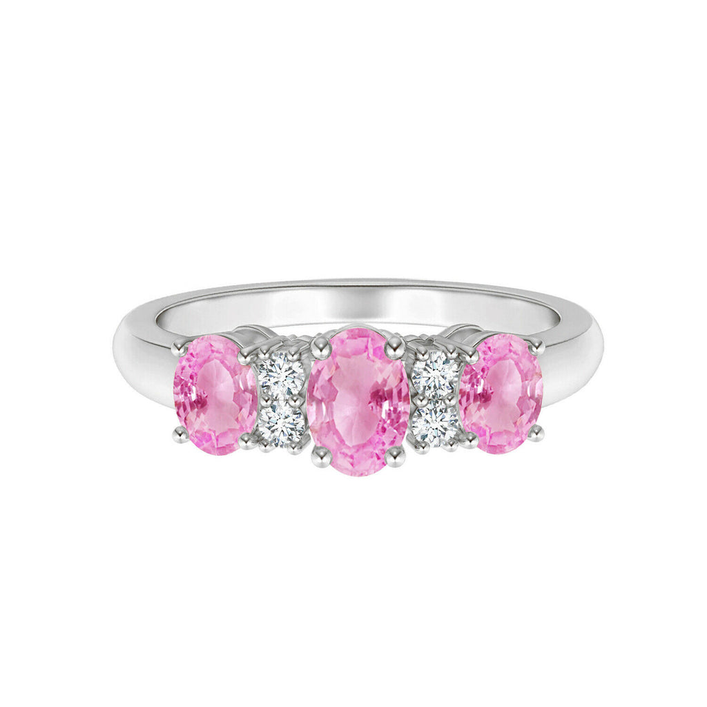 1 Ct Oval Cut Pink Sapphire Three Stone 14K White Gold Finish Anniversary Ring 925 Sterling Silver